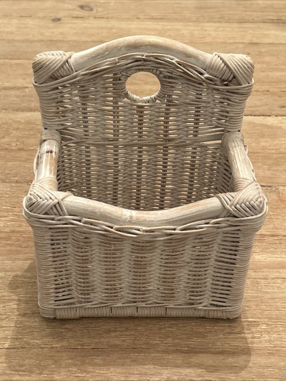 Vintage Woven Wicker Wall Basket Whitewash Painted Finish Cottage Coastal